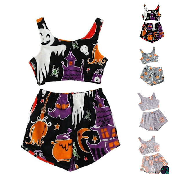 Läskig Väst Pyjamas Set, Dam Halloween Tryck Glöd I, Lysande Pyjamas Set för Spök Säsong, Flanell Väst Pyjamas Set Orange M