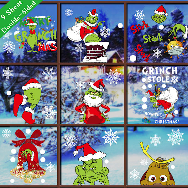 9 stk. Jule Grinch Vinduesklistermærker Nytår Hjem Julepynt