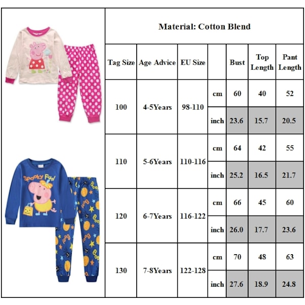 Peppa Pig Pyjamas med långa ärmar, pyjamas set för barn, pyjamas, nattkläder, present till fans B 130cm