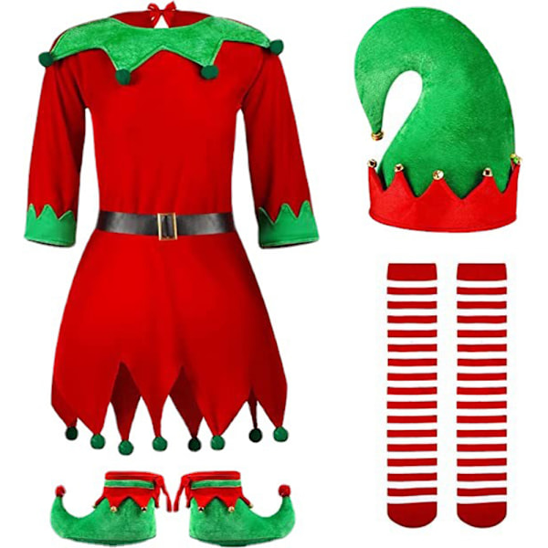 Jultomte Kostym för Flickor, Santa Helper Kostym, Jul Festkläder med Tomteluva, Skor, Bälte, Randiga Strumpor för 3-10 År 140cm