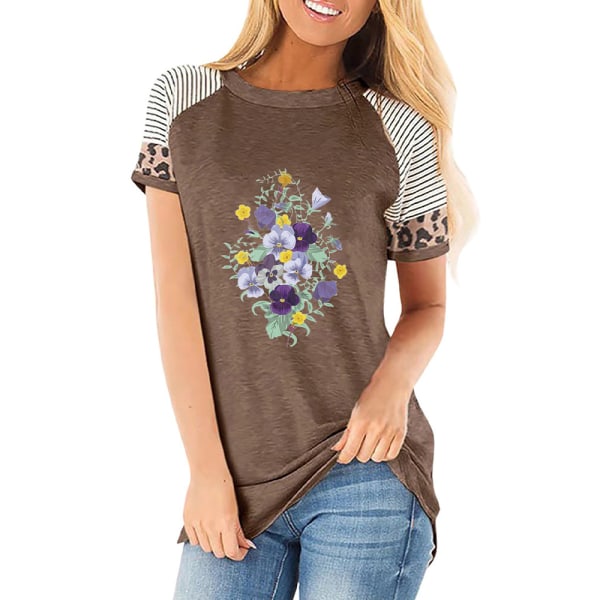 Dam Sommar Blommig T-shirt Toppar Leopard Casual Blus Tee Coffee 2XL