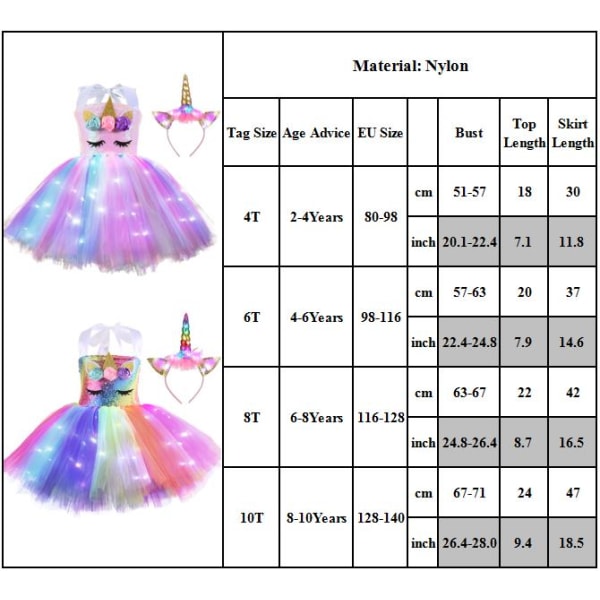 Unicorn Dress for Girls Kostym LED Light Up Dress up Halloween Rainbow skirt 6T