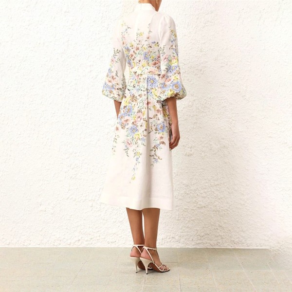 Zim Style Matchmaker klänning i linne med blommigt tryck och bälte, midi damklänning 2XL