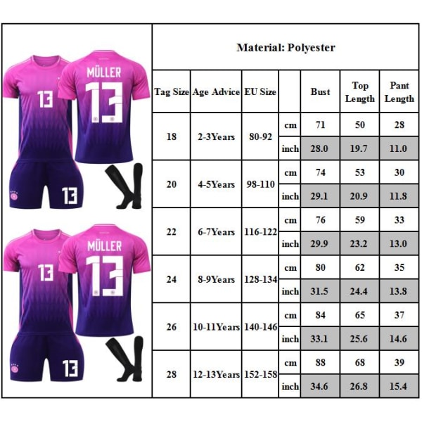 EM 2024, Tyskland borta fotbollströja, nummer 13 Muller tröja för set Uniform tröja för barn 20