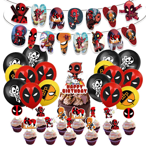 Deadpool-tema födelsedagsfest dekorationer ballonger tårtdekoration grattis på födelsedagen banderoll set