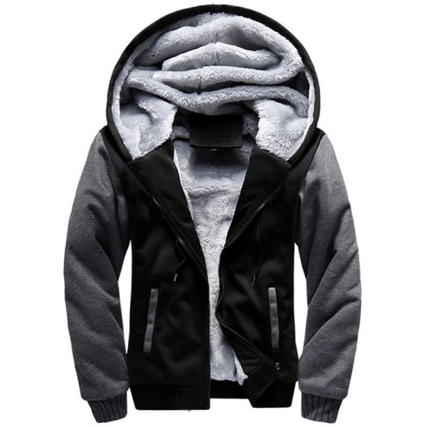 Man Winter Warm Sherpa Fleece Hoodie Coat Jacka Ytterkläder Black & Grey XL