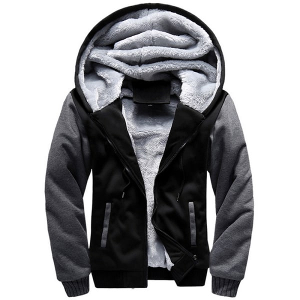 Varm vinterjacka för män med Sherpa-fleece och huva Black & Grey 3XL