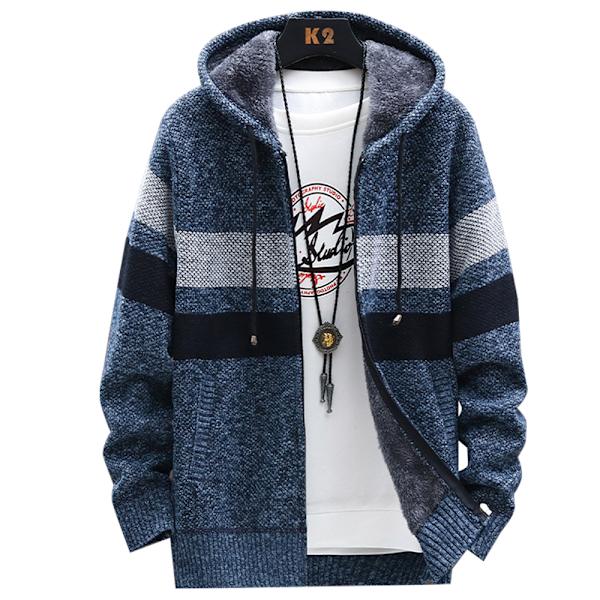 Randig herrjacka med huva, stickad kofta med dragkedja fram Grey blue XL