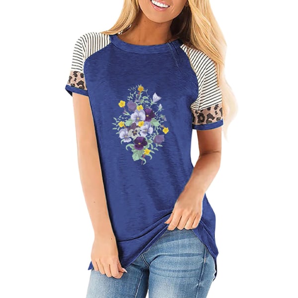 Dam Sommar Blommig T-shirt Toppar Leopard Casual Blus Tee Dark Blue M