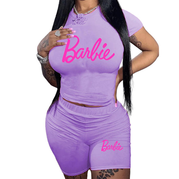 Naisten verryttelypuku, 2-osainen Barbie-urheilupuku, lyhythihainen toppi, T-paita ja shortsit, rento kesäurheiluvaatetussetti Purple M