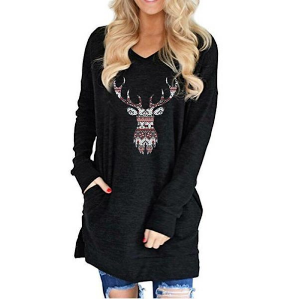 Naisten jouluinen poro T-paita V-kaula-aukkoinen pitkähihainen pusero Black 2XL