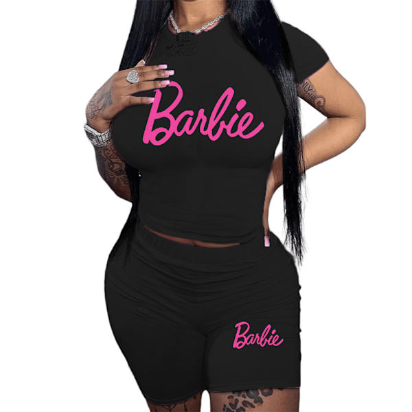 Naisten verryttelypuku, 2-osainen Barbie-urheilupuku, lyhythihainen toppi, T-paita ja shortsit, rento kesäurheiluvaatetussetti Black M
