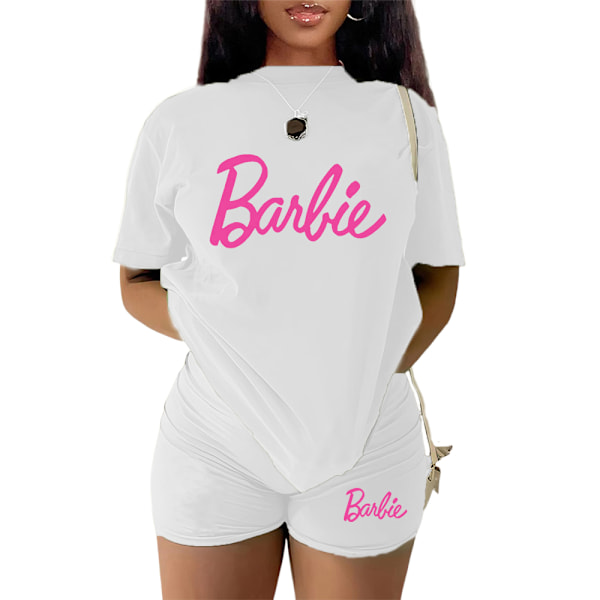 Naisten verryttelypuku, 2-osainen Barbie-urheilupuku, lyhythihainen toppi, T-paita ja shortsit, rento kesäurheiluvaatetussetti White L