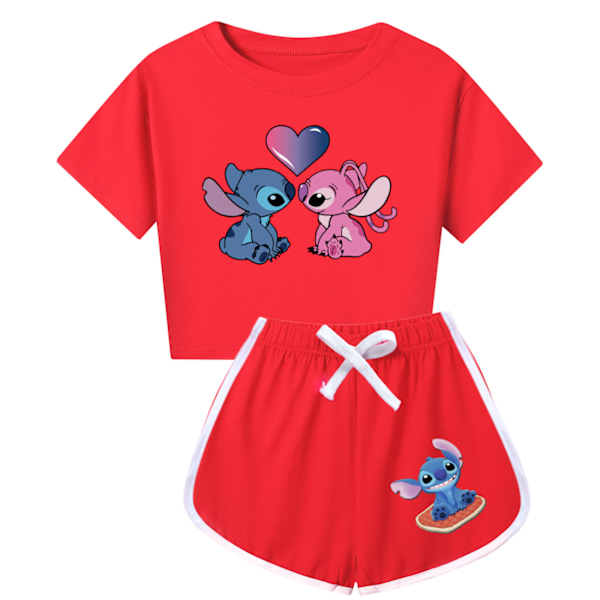 Stitch Sommar T-shirt Toppar Shorts Set Barn Flickor Pyjamas Loungewear Träningsdräkt Set Red 140cm