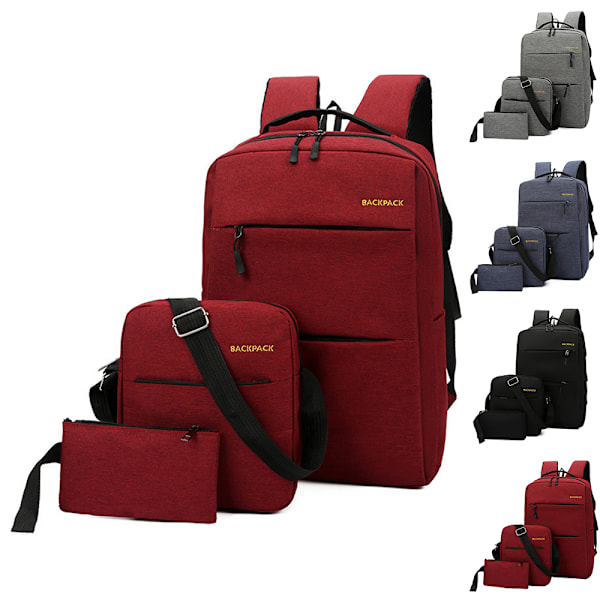 3 st/set Unisex Ryggsäck för män Skolryggsäck Reseryggsäck Axelväska Laptopväska Handväska för utomhusbruk Red