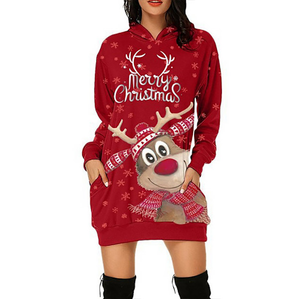 Julekjole med reinsdyrhette for kvinner, julebord minikjoler red 2XL