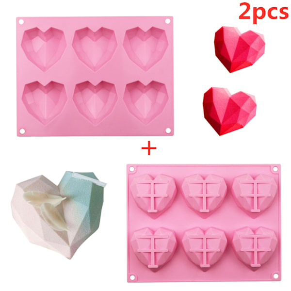2-pack Hjärtformad 3D Silikonform Choklad Bakning Godisform Pink 2 PCS