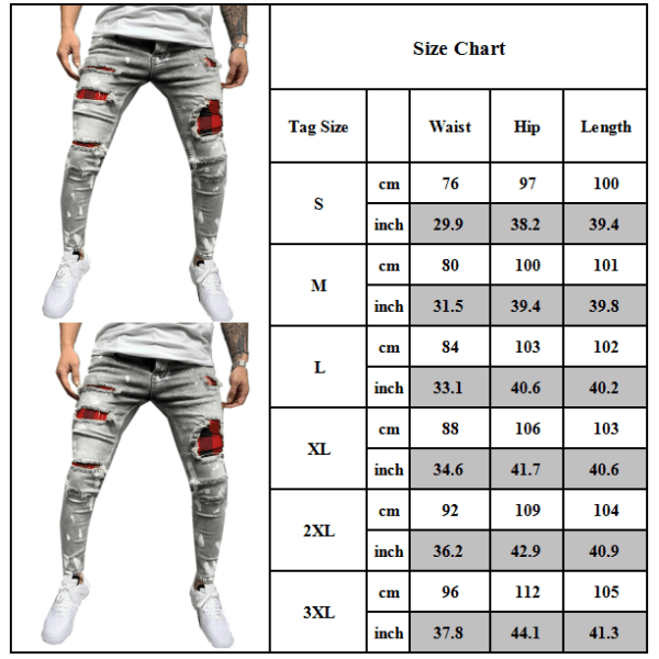 Män Stretch Ripped Printed Jeans Byxor Underdelar Slim Fit Byxa M