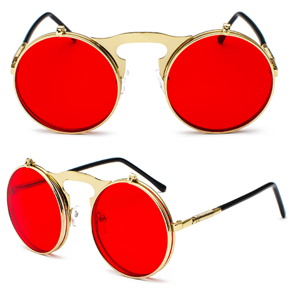 Vintage Flip Up Lens Solglasögon Mens Circle Round Glasögon Gold Frame Red Lenses 1 Pack