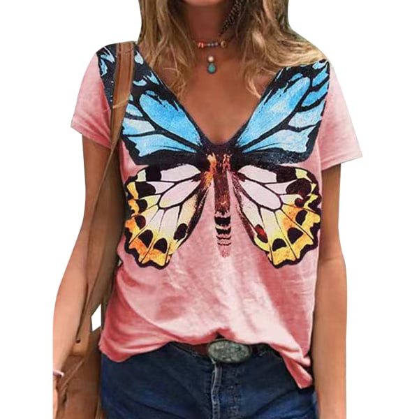 Kvinnor fjäril tryck kortärmad T-shirt blus topp rosa 3XL