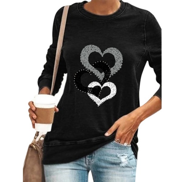 Kvinnors hjärtatryck T-tröjor Pullover Alla hjärtans daggåvor Black L