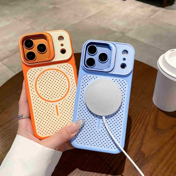 Ventilert bikubemønstret deksel for iPhone 18 Pro Max med sammenleggbar linseholder og magnetisk funksjon Blue