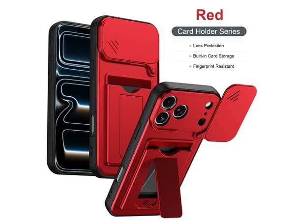 iPhone 18 Pro Max-deksel, kortholder, støtteben, skyvbart kameradeksel, støtsikkert deksel Red
