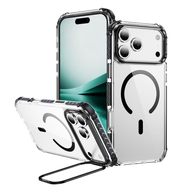 MagSafe-kompatibelt ultra-transparent iPhone 18 Pro Max-deksel med justerbart stativ og magnetisk system Black