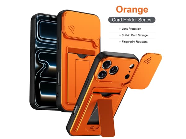 iPhone 18 Pro-deksel, kortholder, støtte, skyvbart kameradeksel, støtsikkert deksel Orange