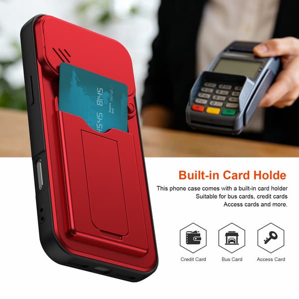 iPhone 18 Pro Max-deksel, kortholder, støtteben, skyvbart kameradeksel, støtsikkert deksel Red