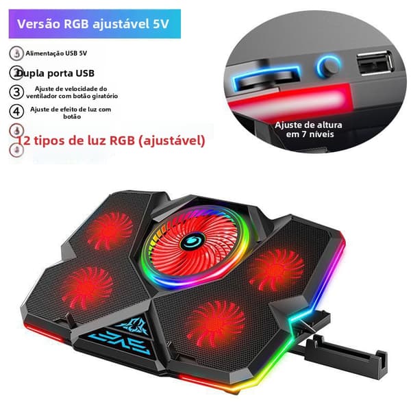 Justerbart Gaming Kølestativ til 12 til 17 tommer computere, 5V, 12 RGB Røde Lyseffekter