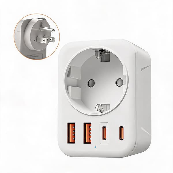 Rejseadapter Europa til Amerika Hvid (2 USB-A + 2 USB-C)