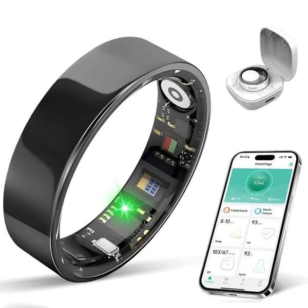 Smart Ring med ladeetui, For Android 5.0+ og iOS 10.0+, overvåker hjertefrekvens, SpO2, søvn og bevegelse (Størrelse 7) Black