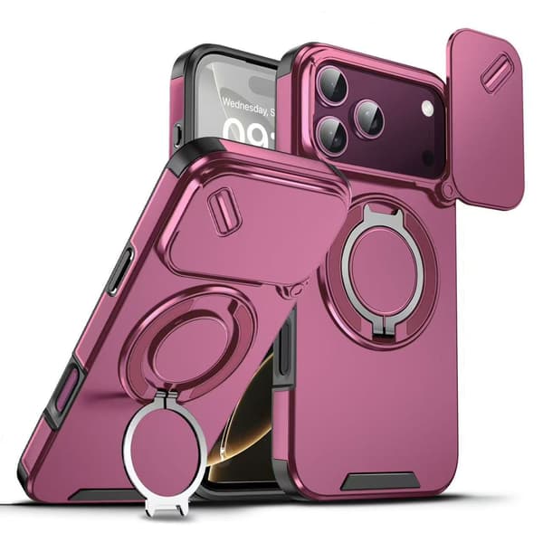 Deksler til iPhone 18 Pro med magnetisk ringstativ, skyvbart linsedeksel og anti-fallbeskyttelse Burgundy