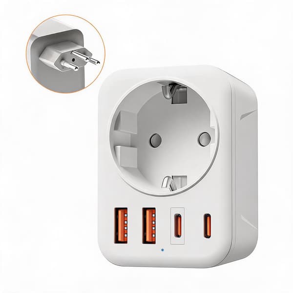 Rejseadapter Europa til Schweiz Hvid (2 USB-A + 2 USB-C)