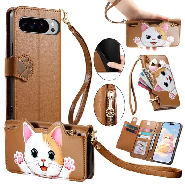 Skinnveske med håndleddsstropp og beskyttelse for Google Pixel 11/11 Pro Brown