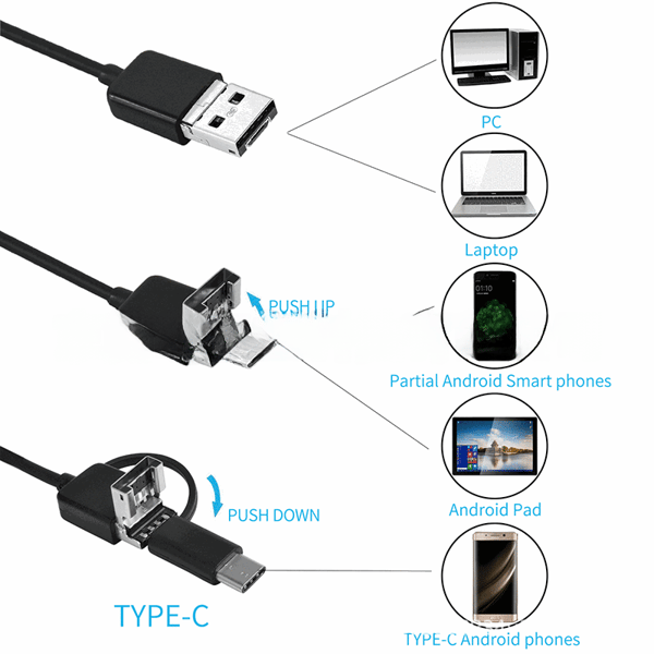 3-in-1 tarkastuskamera Android-endoskoopille (7 mm pehmeä kaapeli/5 m)