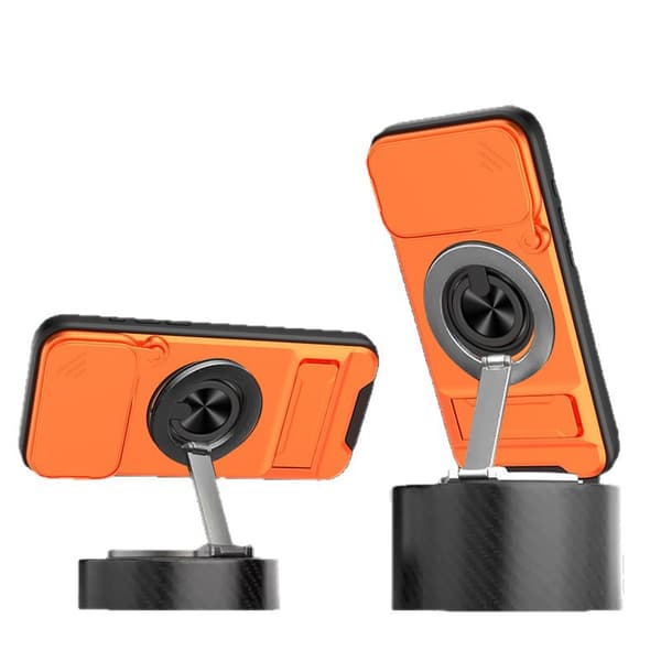 iPhone 18 Pro Max-deksel med 360° roterende magnetisk ring, skyvbart kameradeksel, sammenleggbart støtteben, MagSafe Orange