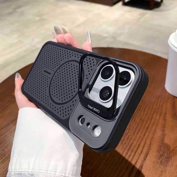 Ventilert bikubemønstret deksel for iPhone 18 Pro Max med sammenleggbar linseholder og magnetisk funksjon Black