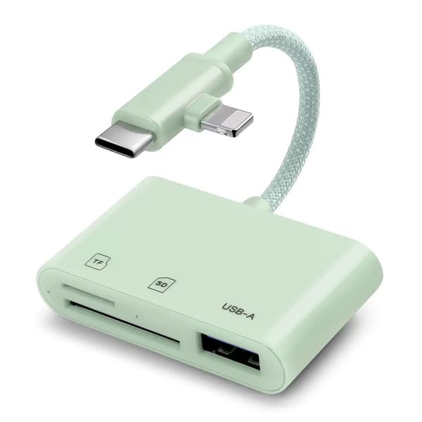 Type-C/Lightning–USB-A/TF/SD 3-in-1-sovitinkaapelikeskitin iPhonelle, Plug and Play Green