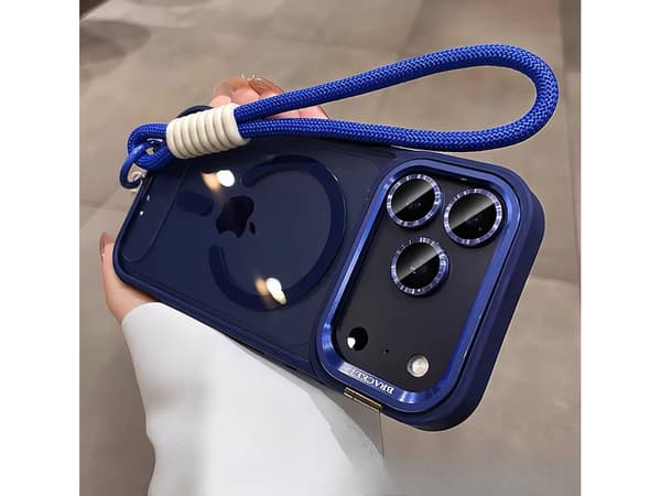MagSafe-etui til iPhone 18 Pro Max, kamerabeskyttelse, metalstativ, kædehåndledsrem Blue