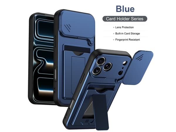iPhone 18 Pro-deksel, kortholder, støtte, skyvbart kameradeksel, støtsikkert deksel Blue