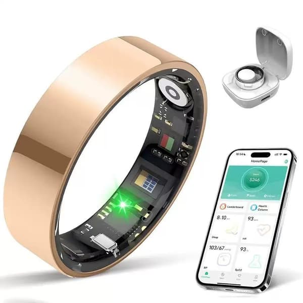 Smartring med ladeetui, for Android 5.0+ og iOS 10.0+, overvåker hjertefrekvens, SpO2, søvn og bevegelse (Størrelse 8) Gold