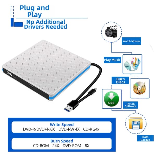Ekstern USB optisk stasjon, DVD-opptaker, plate leser/skriver