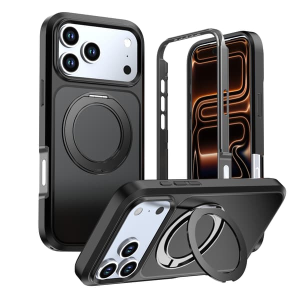 Magnetisk etui til iPhone 18 Pro med roterende metalringstativ – slankt, mat, ridsefast Black