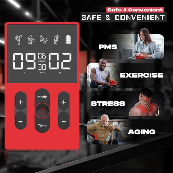 TENS/EMS-stimulator med 12 moduser og dobbel utgang