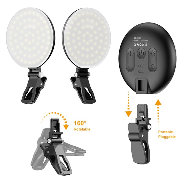 60 LED Bærbart Lys med Klips, 3 Lysfarver til Telefon/Bærbar Black