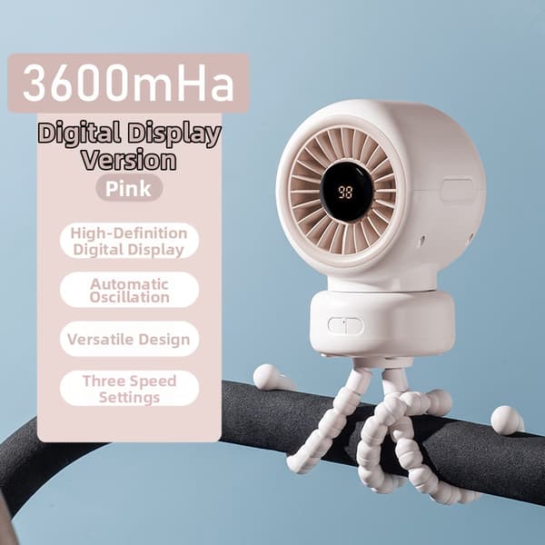Bærbar 3600mAh ventilator til barnevogn, 360 klips, 3 hastigheder Pink