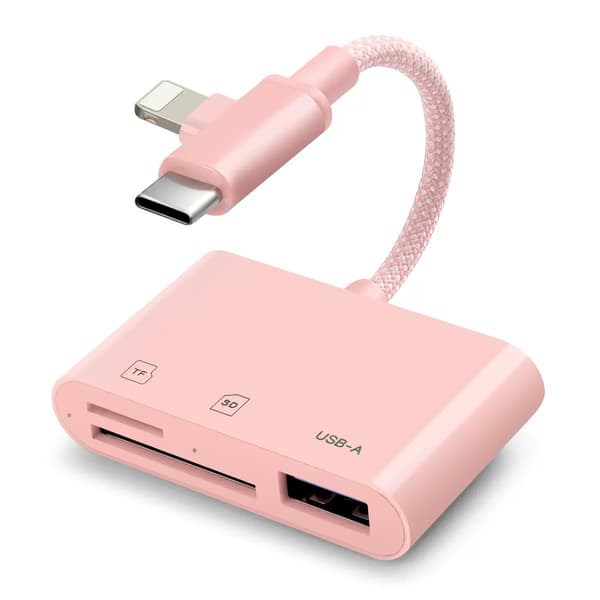 Type-C/Lightning–USB-A/TF/SD 3-in-1-sovitinkaapelikeskitin iPhonelle, Plug and Play Pink