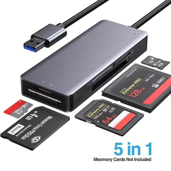 Kortleser 5 i 1, USB 3.0 til CF, TF, SD, SD M2, MS